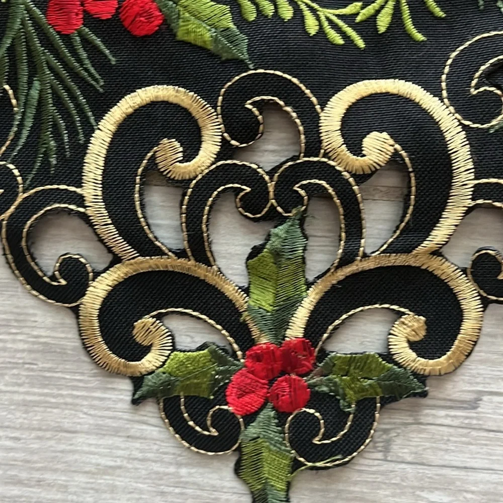 Holiday embroidered cardinal holly berry black gold table runner Christmas 67x12